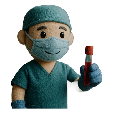 A modern surgeon with a face mask and surgical gloves holding a test tube sticker