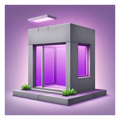 Minimalist gray concrete panel building with one window glowing bright purple from grow lights inside, simple rectangular structure sticker