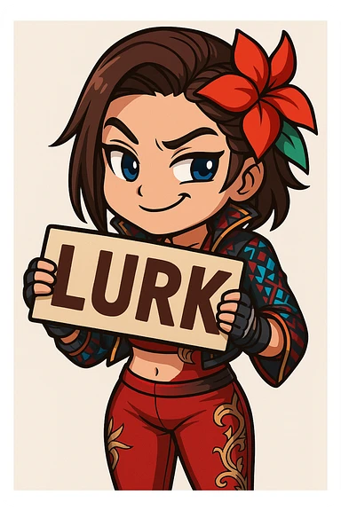 Azucena from Tekken 8 in chibi sticker style, holding a sign that says 'LURK', sneaky expression, wearing the detailed red and patterned outfit from the reference images, designed for Twitch emote use. sticker