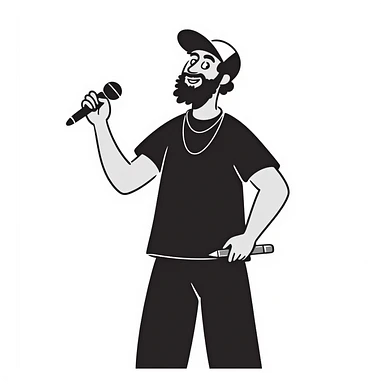 mature hip-hop artist with full beard wearing backwards baseball cap, happy expression, holding mic in left hand and pencil in right hand sticker