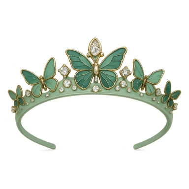butterfly crown with a pastel green base, minimal butterflies in light and dark green enamel, sparkling gems sticker
