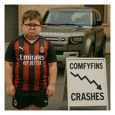 A chubby kid with glasses, dressed in an AC Milan football kit, standing in front of a Land Rover Defender, looking sad as his business 'ComfyFins' crashes, conveying disappointment and business failure sticker