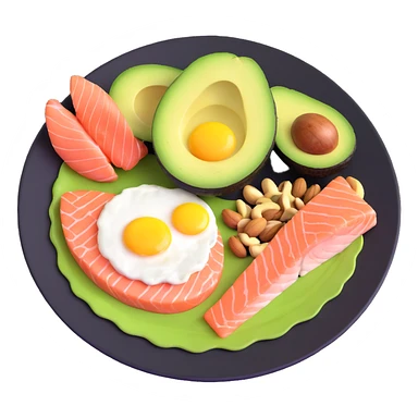 plate with typical keto foods: avocado, eggs, salmon, and nuts sticker