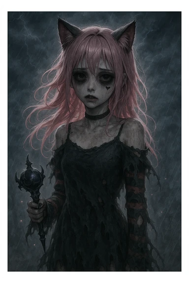 realistic anime catgirl with pink hair, emo streetwear, heart tattoo under left eye, dark magical accessory, sparkles, stormy background, ghostly horror look with tattered dress, flickering outline, and haunting expression sticker