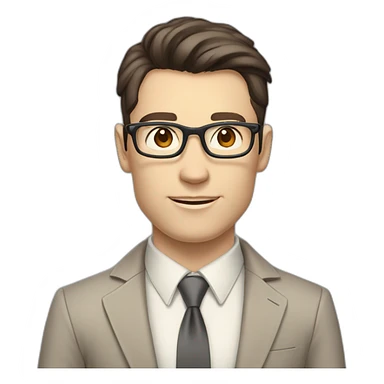 Pale skinned fit man with dark brown hair in gray jacket, beige office shirt, brown tie, brown pants and vintage glasses Writing on a marker board sticker