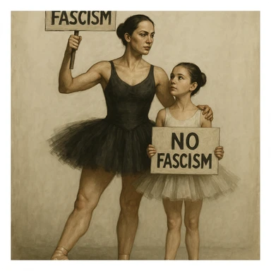 A mother and daughter ballet dancers, both in tutus and ballet shoes, standing together holding protest signs against fascism, expressive and powerful sticker