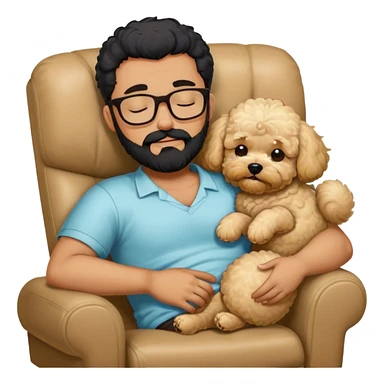 Guy with glasses and black beard sleeping on recliner and drooling with blonde maltipoo sticker