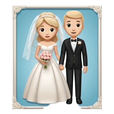 A 3D cartoon wedding advertisement poster hanging on a wall, with bride and groom illustration, visible border, flat lighting, Memoji-style. sticker