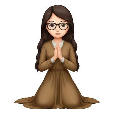 A woman kneeling praying, in a long dress, long dark brown hair, glasses  sticker