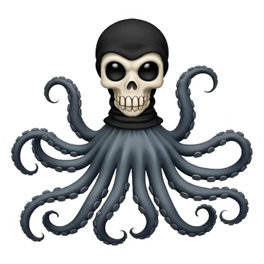 satanic octopus skeleton with scary evil eyes, wearing a black balaclava. 2 tentacles are each holding a skeleton bone sticker