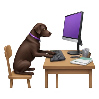 Chocolate lab working on computer with small headset , food on desk, wearing purple sweater  sticker