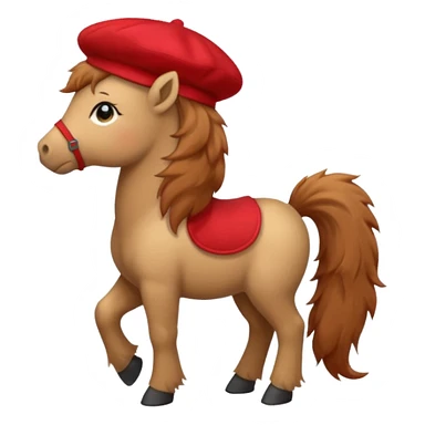 A cute pony (horse) emoji, full body, standing in side view, wearing a stylish red beret. sticker