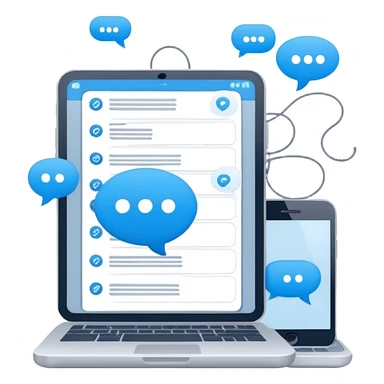 CRM system with icons like a contact book, database, chat bubbles, and interconnected lines. Use a modern, minimalist style with tech colors like blue and gray sticker