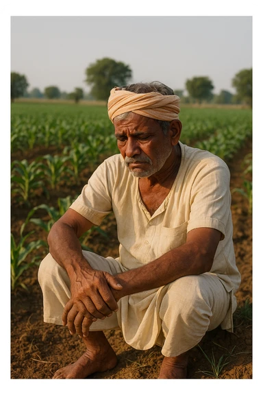 A sad Indian farmer in traditional dhoti, sitting on the ground in a field, looking down, emotional, farm setting. sticker