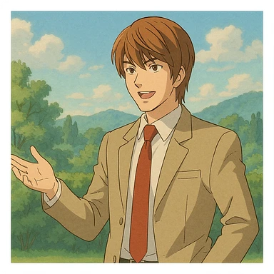 Light Yagami standing and explaining something with a confident expression, hand gesturing, soft colors, anime-inspired background in Ghibli style sticker