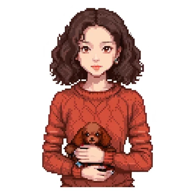 woman of Asian descent, dark brown eyes and hair, wearing a knit jumper, holding a small red poodle sticker