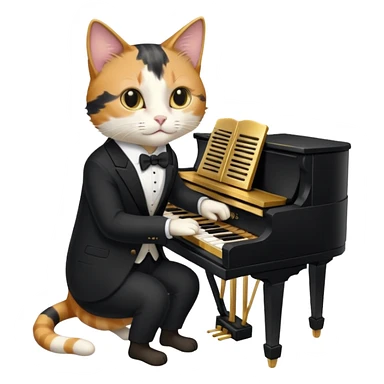 calico cat play gold piano, wear black suit, portrait sticker