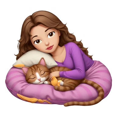 girl with long wavy brown hair, brown eyes, long lashes makeup, sexy pink lips, light to medium complexion,  sleeping on a cozy pillow, with brown tabby cat, sleeping sticker