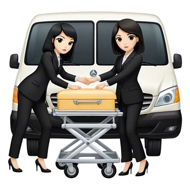 One black haired woman and one brunett woman in black pants suits punching a funeral stretcher in to a black Mercedes Vito funeral van  sticker