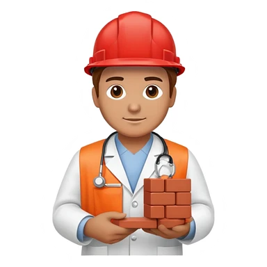 Brick mason wearing a hard hat but in a doctors gown emoji holding a red brick sticker