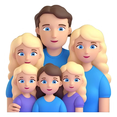 Family portrait with father with dark brown hair and blue eyes, mother with light brown hair and blue eyes, three blonde little girls with blue eyes sticker