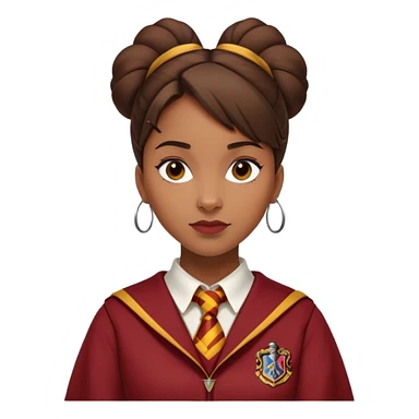Angelina Johnson in harry potter, wear hogwarts gryfindor uniform,  thick, brown bun hair , reflecting her bold, stylish, and strong personality sticker