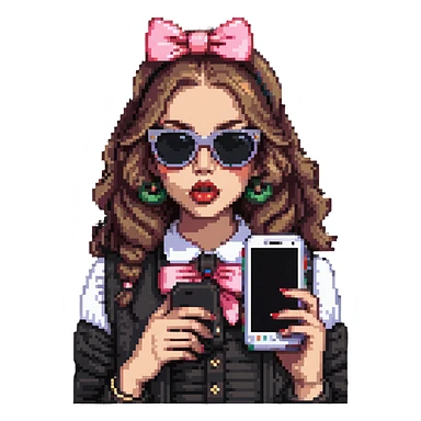 Girl with huge lips, sunglasses, bow on her hair, holding a phone with attitude sticker