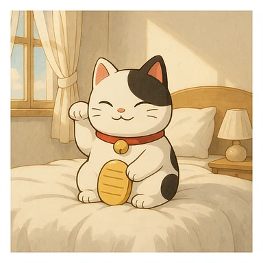 White and black Chinese lucky cat in a cozy white bedroom, kawaii  sticker