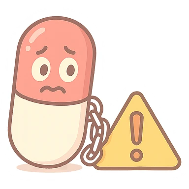 pastel toon style cartoon icon of a red medicine capsule with a chain, anxious eyes, warning sign sticker