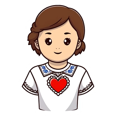beautiful young girl with brown hair wearing a white Ukrainian embroidered shirt with a big heart design sticker