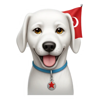 A white dog with a Turkish flag sticker