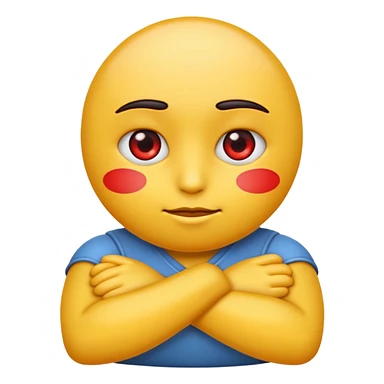 crate a yello emoji crossing its arms with red eyes looking to the side and stright lips sticker