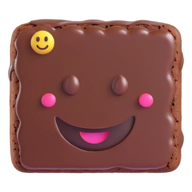 3D chocolate brownie with a smiley face, realistic depth, shiny chocolate glaze, emoji style sticker