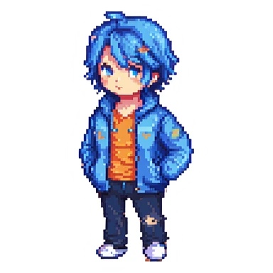 Jin character with a blue jacket, pixel art style sticker