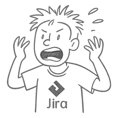 screaming IT guy wearing an Atlassian Jira t-shirt, hand drawn outlined icon sticker