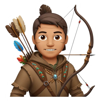 A classic middle-aged hunter with a bow and arrow on his back, dressed in brown clothes and decorated with feathers or bone teeth sticker
