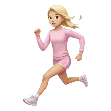 A girl in light pink tight-fitting sportswear, a long-sleeved fitted sweatshirt and shorts is running, her hair is long, blonde, and straight, wearing white sneakers. sticker