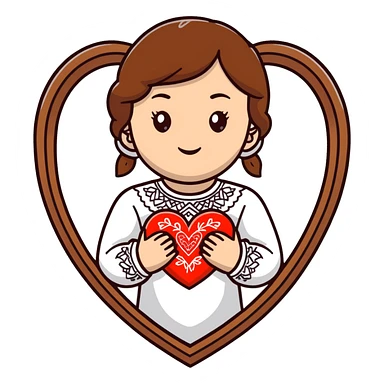 Beautiful young girl with brown hair in a white Ukrainian embroidered shirt holding a large embroidered heart sticker
