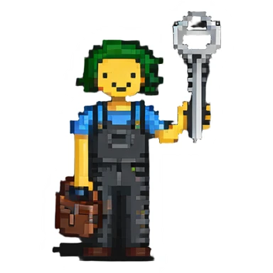 Technical pixel art badge with colorful stick figure holding car tool key sticker