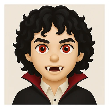 Create an image of a vampire boy with medium-length curly black hair and more prominent fangs in an emoji style. The style should resemble emoji aesthetics but use the general editing model for best results. sticker