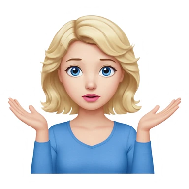 Girl Blonde short wavy hair,  blue eyes, cute blue top, long lashes, pink lips, confused, shrugging hands raised sticker