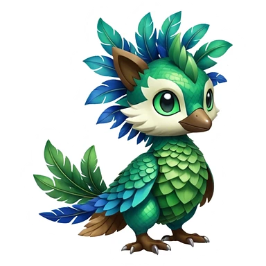 Cute cool fantasy animal hybrid Fakemon full body, green scales, green leaves, brown feathers, blue feathers sticker