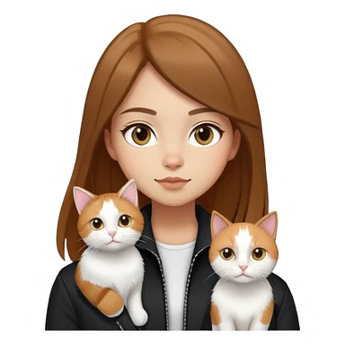 Light-skinned girl with brown straight hair wearing a black jacket, along with one pure white cat and one calico cat sticker