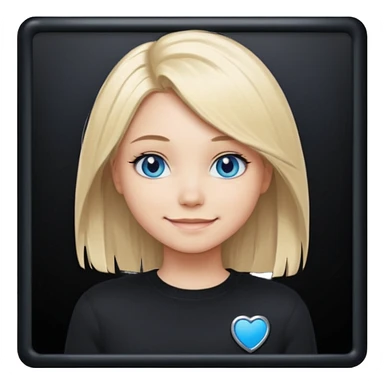 a new character a girl with shoulder length blonde hair wearing black clothes and wearing a cheeky smile she has blue eyes her black sweater has an emo style badge sticker