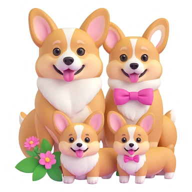 corgi family together: male, female with pink bow, and small puppy with flower, all looking happy sticker