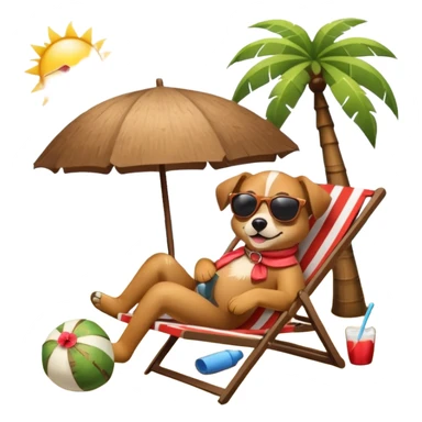 a dog laied on a beach chair, a sunny beach, a sun umbrella, and beach coconut trees. the icon should capture the essence of a relaxing beach vacation with a carefree atmosphere sticker