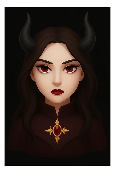 Transform the woman in the image into a demon queen emoji. Give her brown hair, add demon horns, remove the halo and wings, and create a dark, regal vibe with a powerful and majestic presence. Maintain an emoji style with clear, concise features suitable for emoji representation. sticker