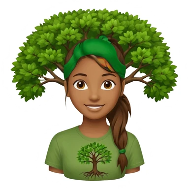 Make a zumba coach emoji, brown eyes, brown hair girl, green shirt withe "the roots" on it, longer pony tail hair, add the tree logo for the roots sticker
