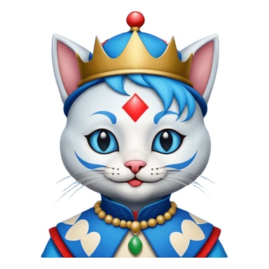 crazy colorful cute little cat jolly joker from poker, medieval, vintage, court jester, mac os icon, blue color, poker cards sticker