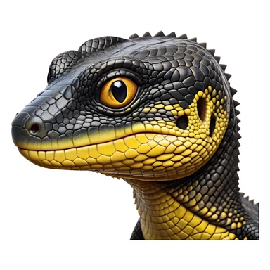 cinematic-realistic-cute-monitor-lizard-portrait-emoji,-head-tilted-playfully-and-inquisitively,-featuring-a-compact,-agile-body-with-finely-detailed,-glossy-scales-in-earthy-black and yellow-hues-and-a-distinct,-alert-face-with-bright,-curious-eyes, black , yellow spotted and green band  scales and a big long neck sticker